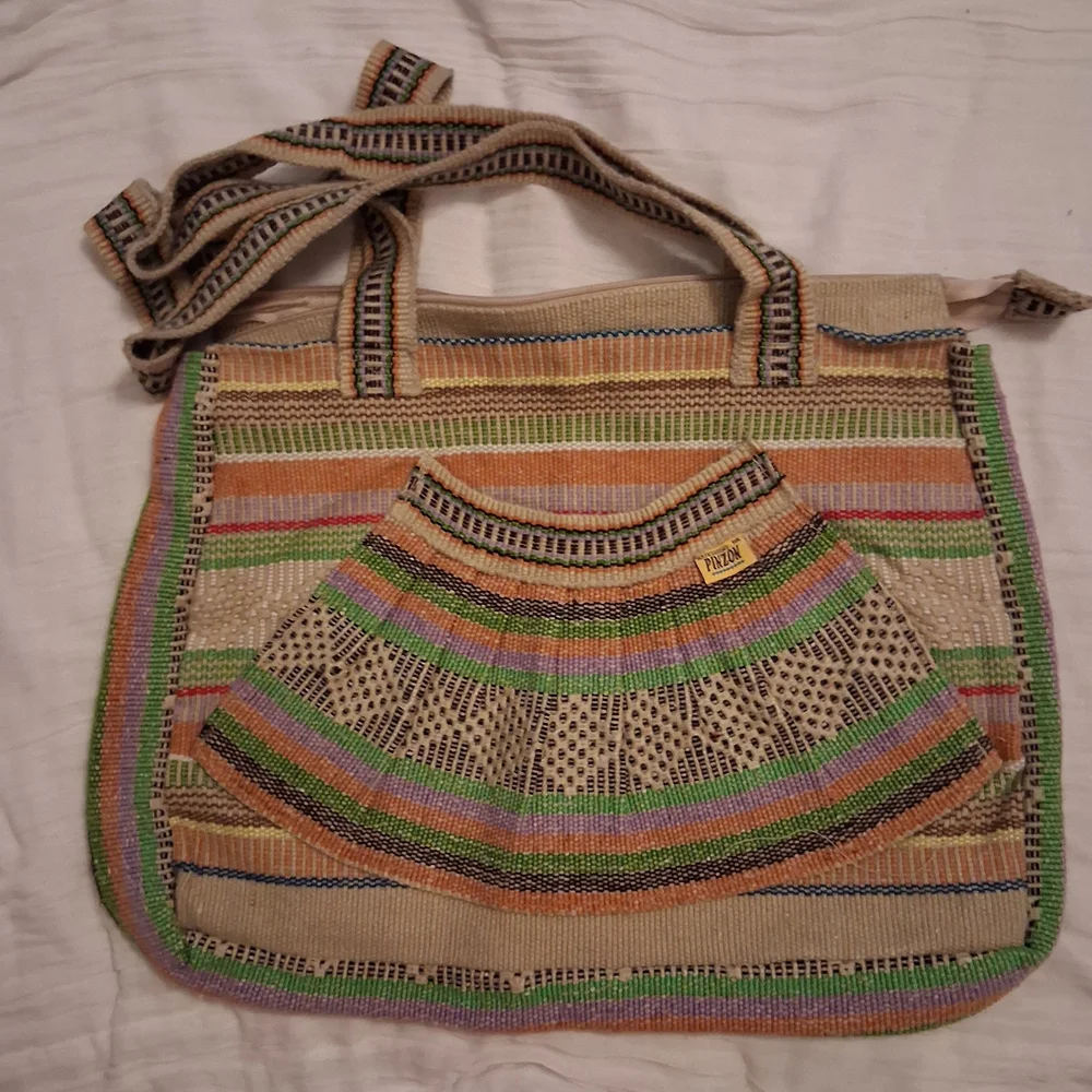 Woven Stripe Tote Bag in Beige with Green, Purple & Orange Accents - Picture 1 of 7